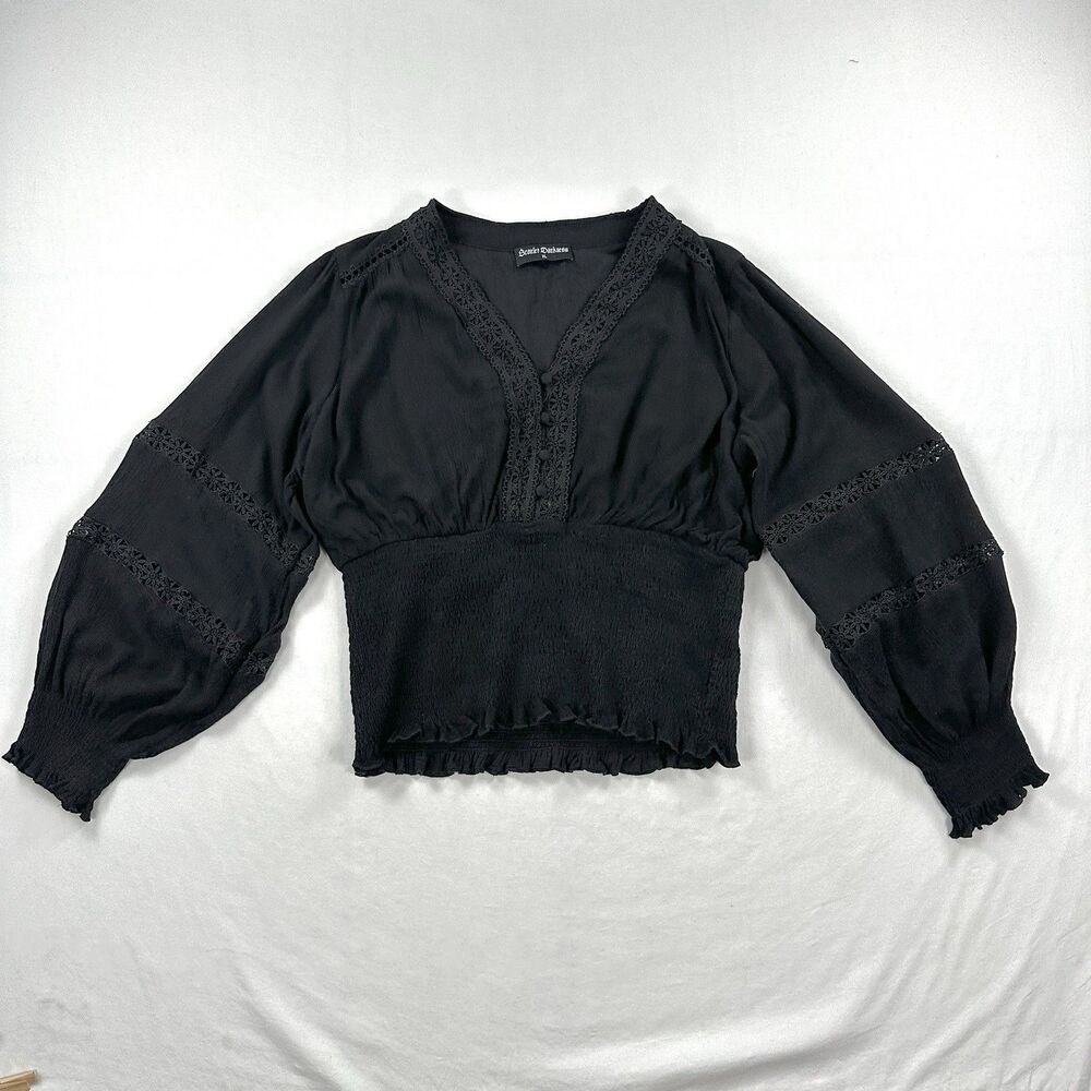 Scarlet Darkness Whimsigoth Top Size XL Black Lace Smocked Witchy Dark Peasant